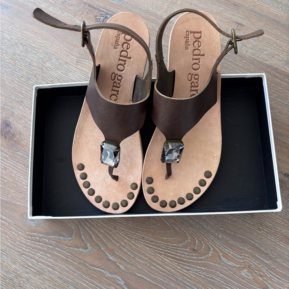 Pedro Garcia Brown Leather T-Strap Sandals with Smoky Gem